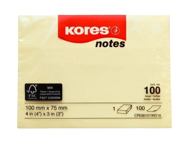 Bloček samolepící, 75 x 100 mm, žlutý, 100ls, Kores