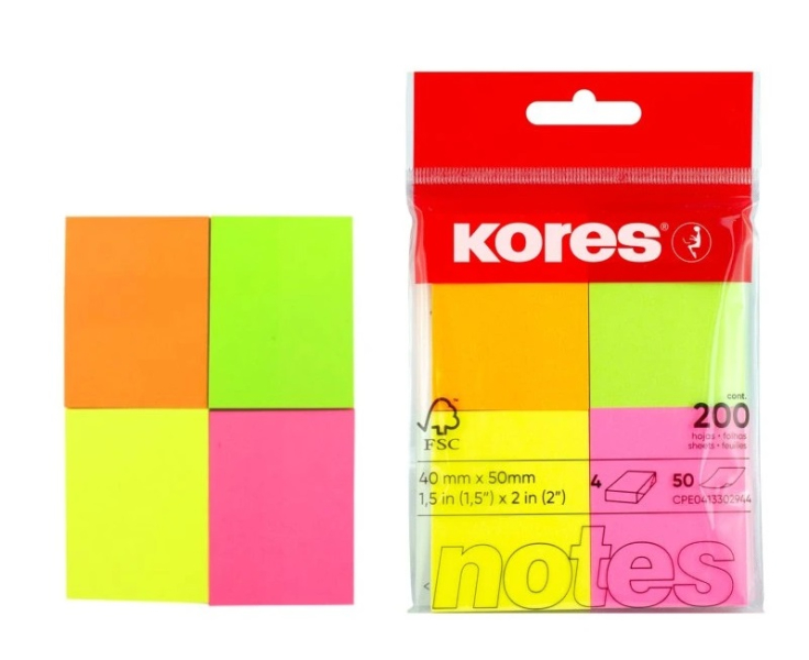 Bloček samolepící, 40 x 50 mm, 4 neonové barvy, 200ls, Kores