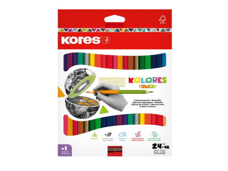 Pastelky, Kores, trojhranné, oboustranné, 48 barev