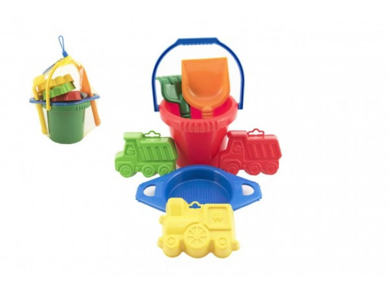 Sada na písek, kbelík, sítko, lopatka, hrabičky, bábovky
