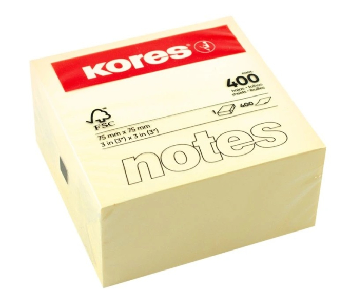 Bloček samolepící, 75 x 75 mm, žlutý, 400 ls, Kores