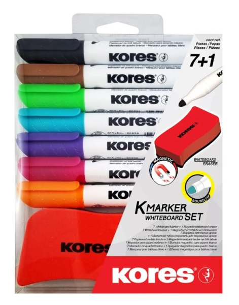 Značkovač, stíratelný, na tabule, Kores, 7ks + houba