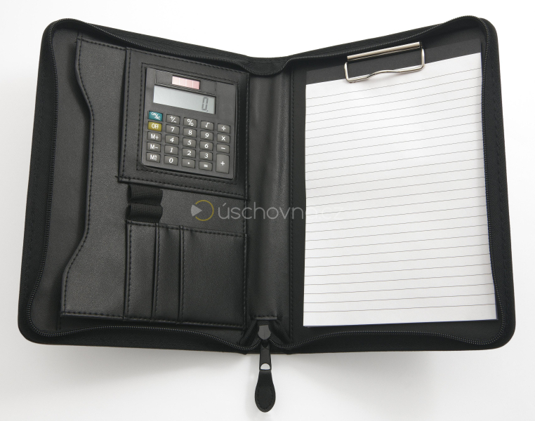 Desky portfolio A5 černé s blokem a kalkulačkou na zip