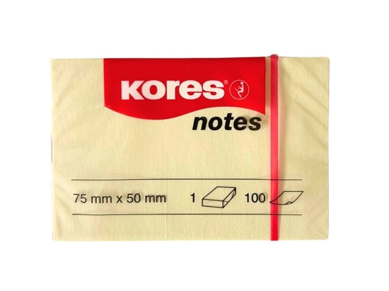 Bloček samolepící, 50 x 75 mm, žluté, 100ls, Kores