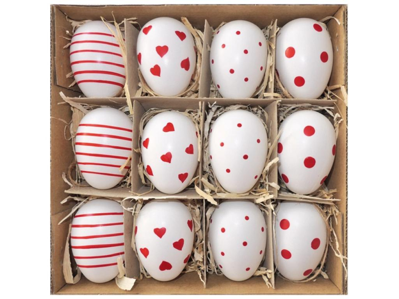 Vejce plastová, 12 kusů, červené zdobení