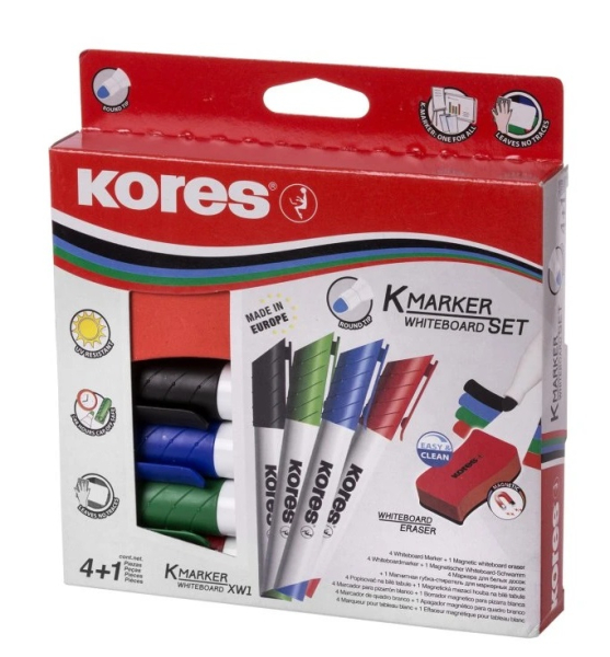 Značkovač, stíratelný, na tabule, Kores, 4ks + houba