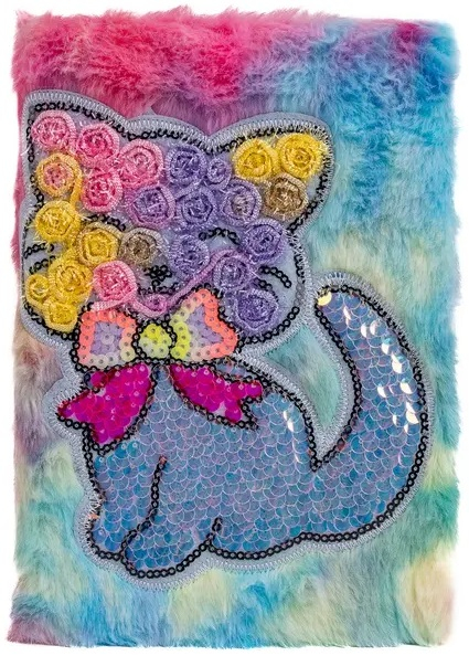 Zápisník, A5, plyšový, flitry, kočka