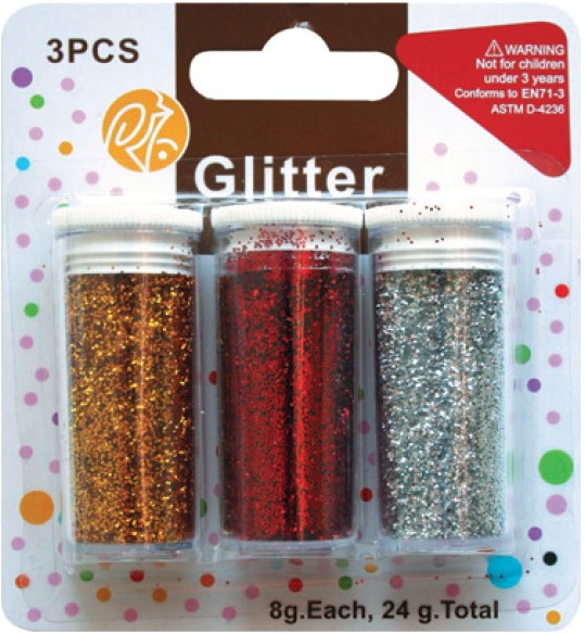 Glitr, zlatý, stříbrný, červený, 3 kusy