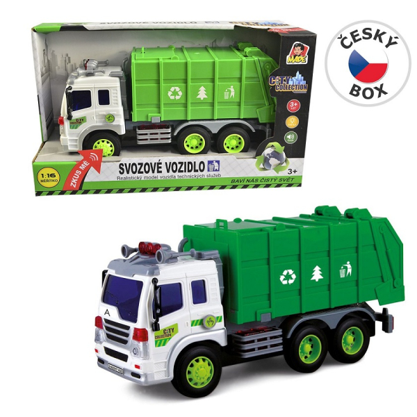 Auto, popelář, setrvačník, světlo, zvuk