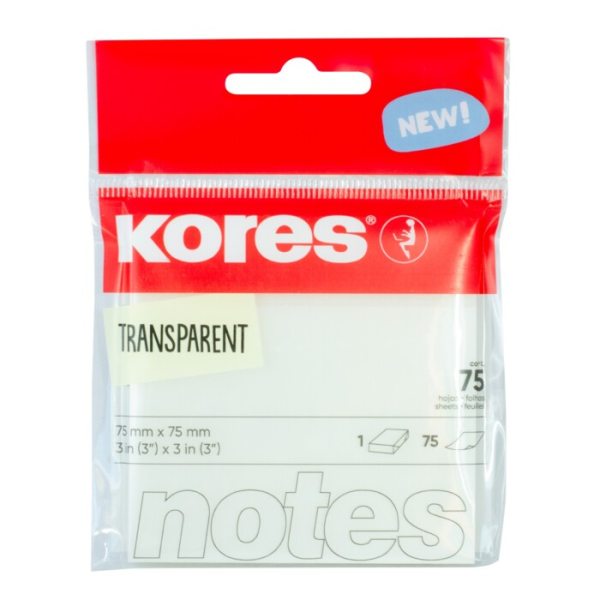 Bloček samolepicí, 75 x 75 mm, transparent, 75ls, Kores