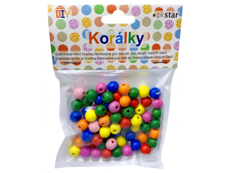 Korálky dřevěné, barevné, 10mm, 70ks
