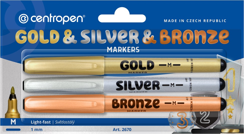 Popisovač, Centropen, 2670, sada 3 kusy, zlatý, stříbrný, bronzový