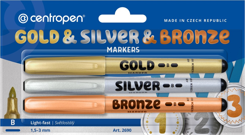 Popisovač, Centropen, 2690, sada 3 kusy, zlatý, stříbrný, bronzový
