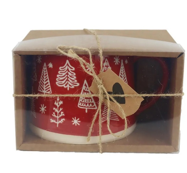 Hrnek keramický, červený se stromky