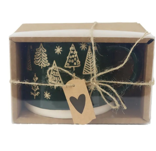 Hrnek keramický, zelený se stromečky