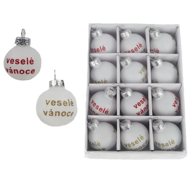 Koule skleněné, 3cm-12ks, Veselé Vánoce
