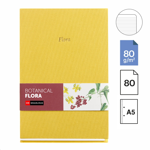 Poznámkový blok A5, linkovaný, botanical flora, 80lisů, žlutá