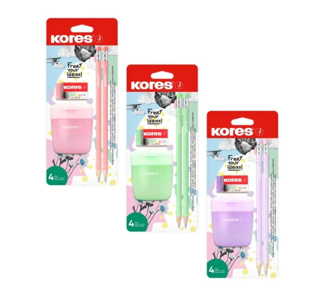 Pastel set Kores, ořezávátko, 2 tužky, pryž