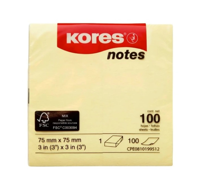 Bloček samolepící, 75 x 75 mm, žlutý, 100ls, Kores, žlutý