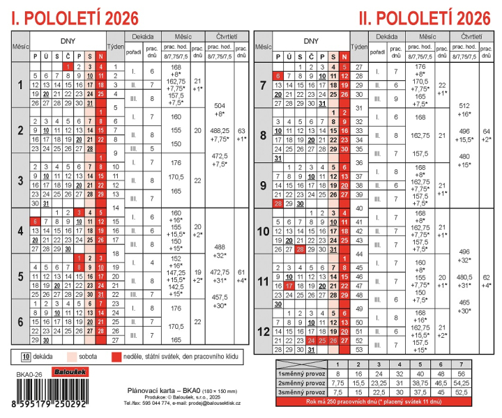 Kalendář, plánovací karta, Baloušek