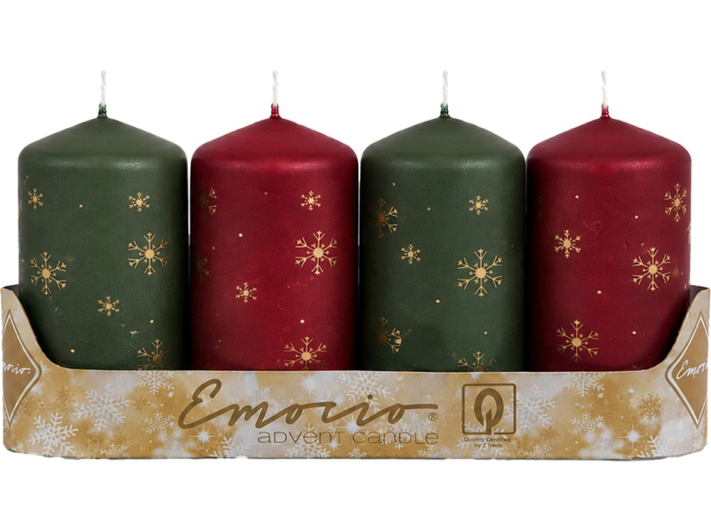 Adventní svíčky 4ks, zelené, bordó s hvězdičkami
