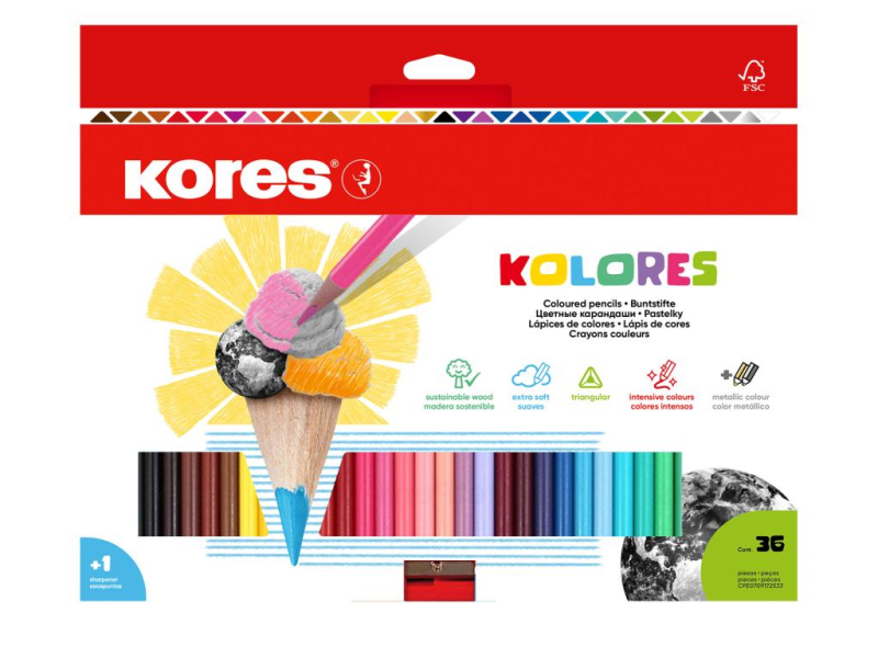 Pastelky, Kores, trojhranné, 36 kusů