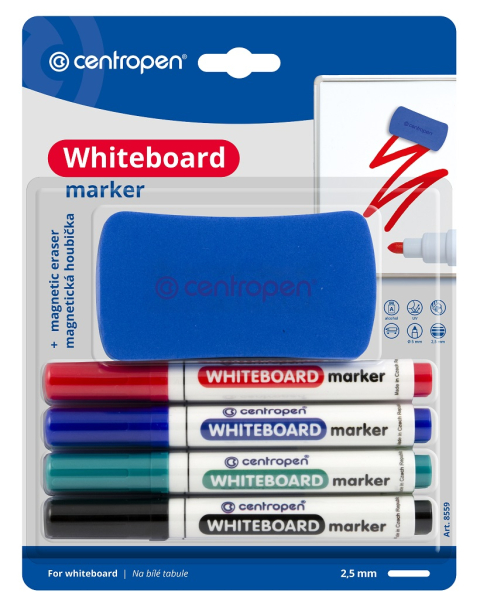 Značkovač, Centropen, 8559-4, stíratelné, s houbou, 2,5mm, sada