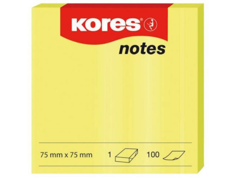 Bloček samolepící, 75 x 75 mm, neon žlutý, 100ls, Kores