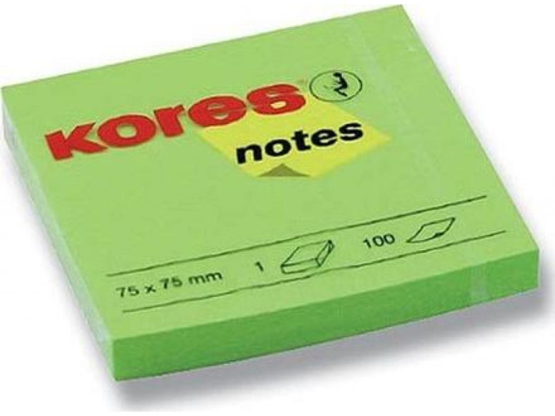 Bloček samolepící, 75 x 75 mm, neon zelený, 100ls, Kores