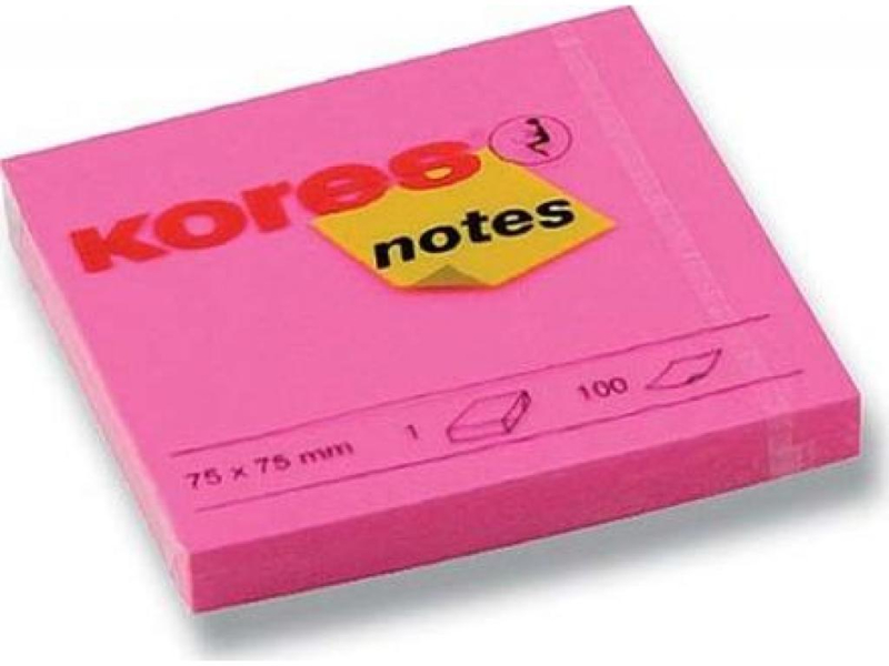 Bloček samolepící, 75 x 75 mm, neon růžový, 100ls, Kores